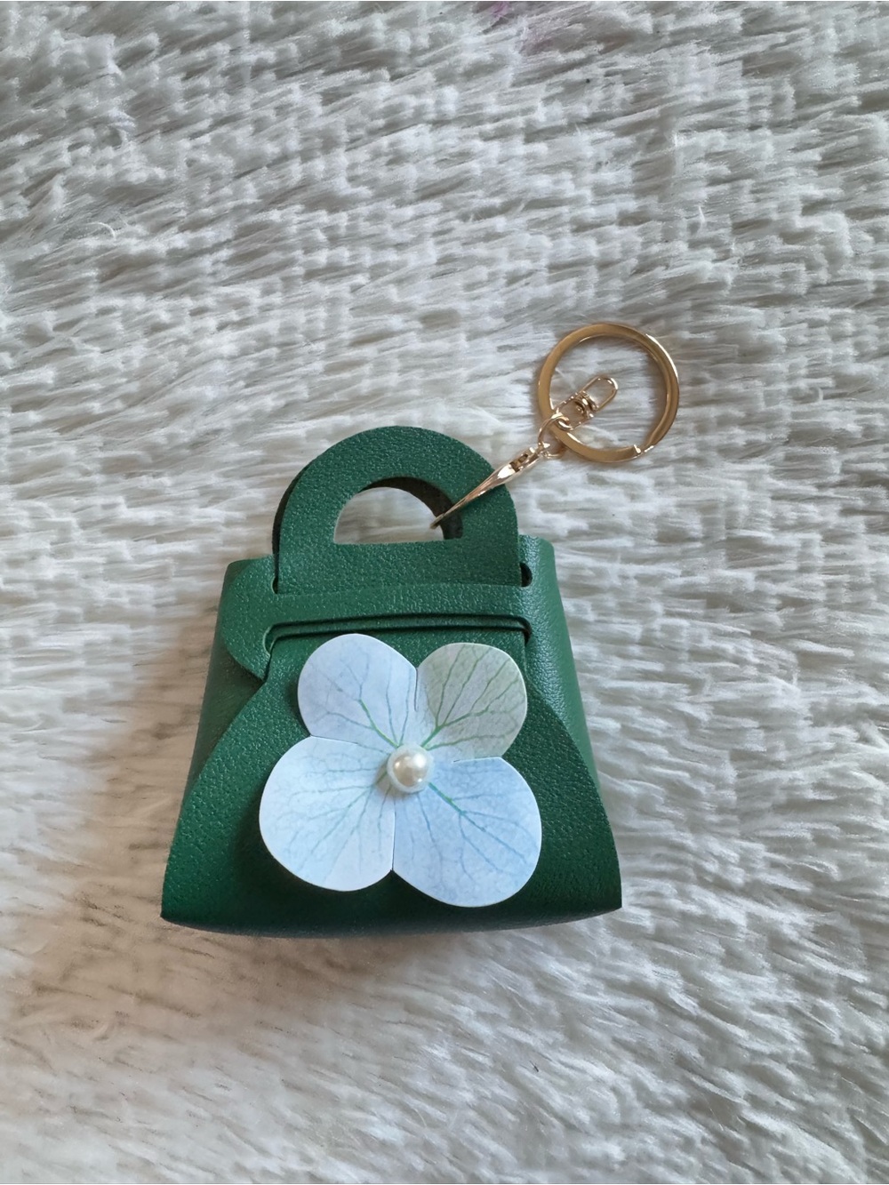 Green Mini Purse Keychain bag charm  with Blue Flower Accent